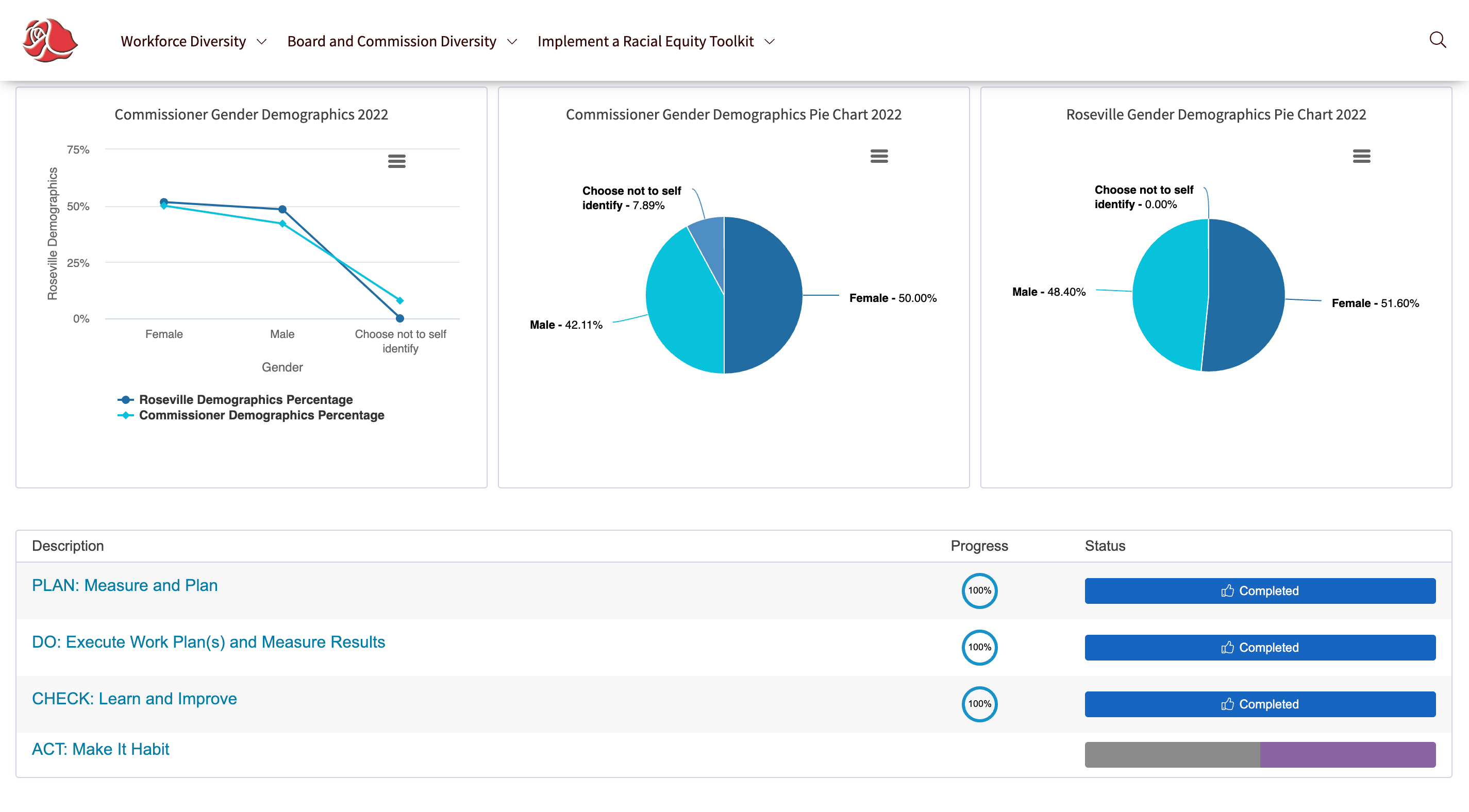 Screenshot of City of Roseville's Strategic Racial Equity Action Plan Performance Measures