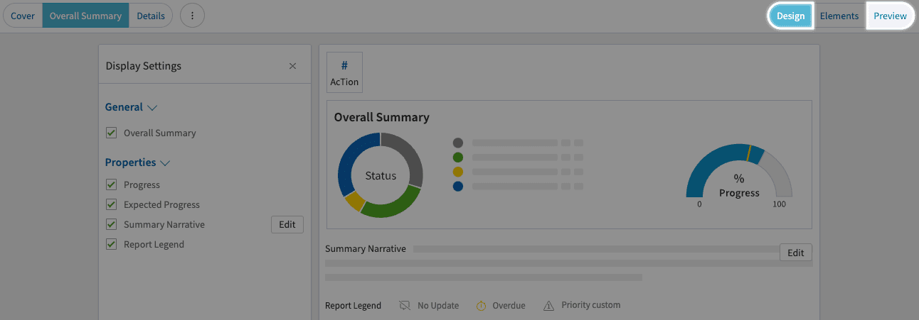 Screenshot of Envisio new 'Design' and 'Preview' features in the Envisio Report Builder