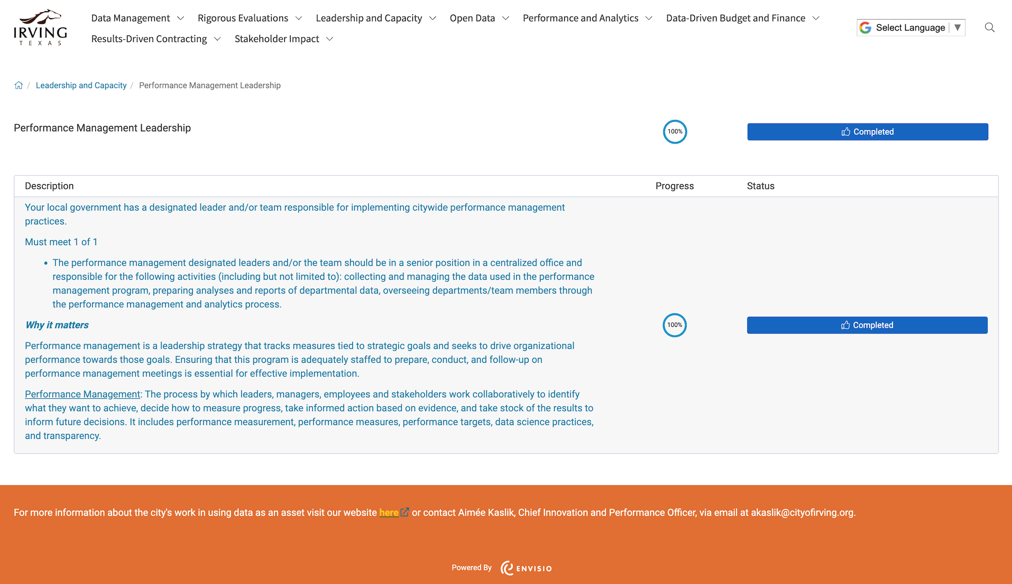 Irving Texas Dashboard - Performance Management and trust