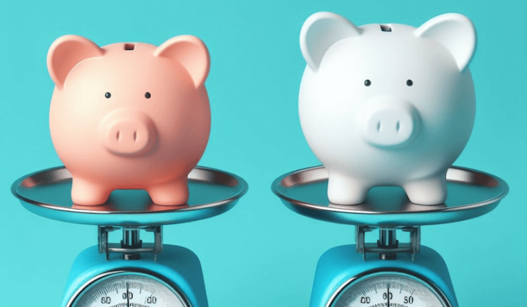 A photo of two piggy banks on scales to represent weighing a budgeting decision