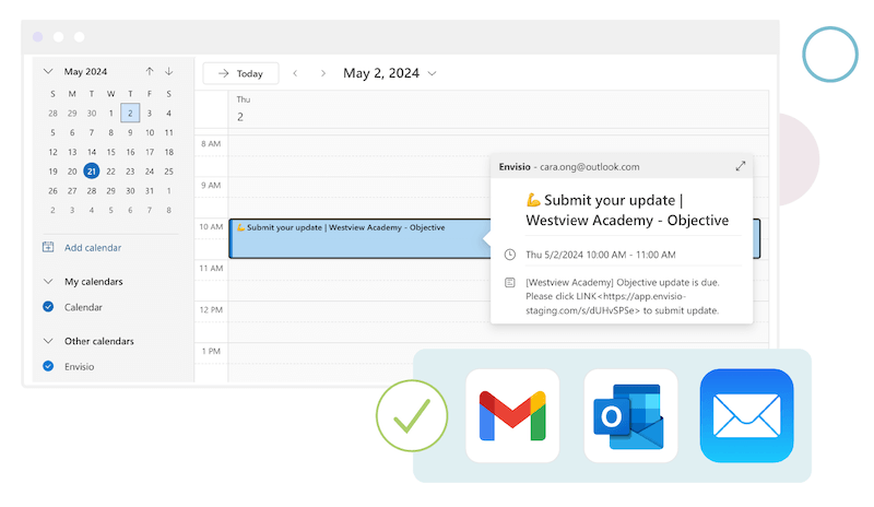 Screenshot of Envisio calendar integration showing a calendar reminder to submit progress updates