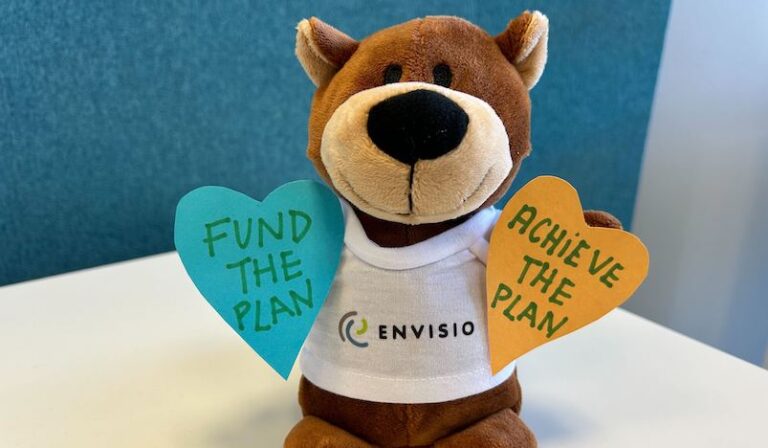 Photo of Budgeting Bear with a t-shirt showing the Envisio logo