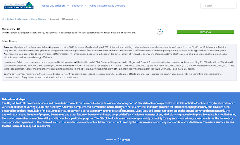 Screenshot of City of Rockville's Climate Action Plan dashboard